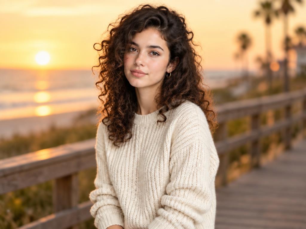 Studio background swapped to a beach boardwalk with the AI image editor