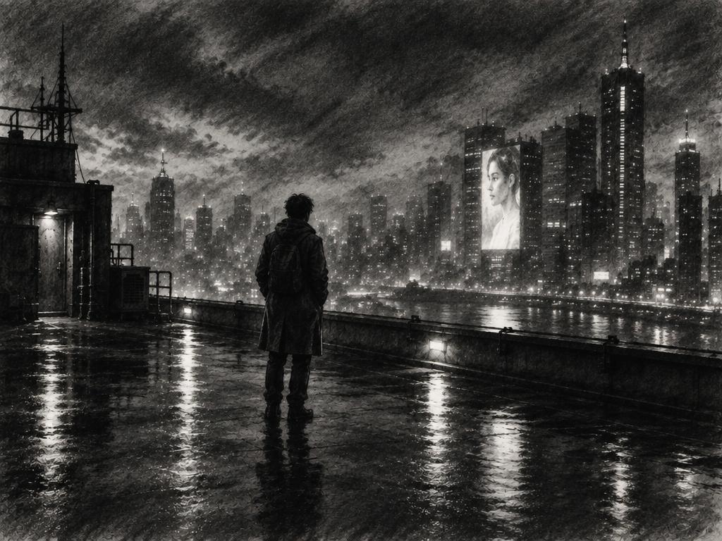 Cinematic photo converted into a charcoal mood study